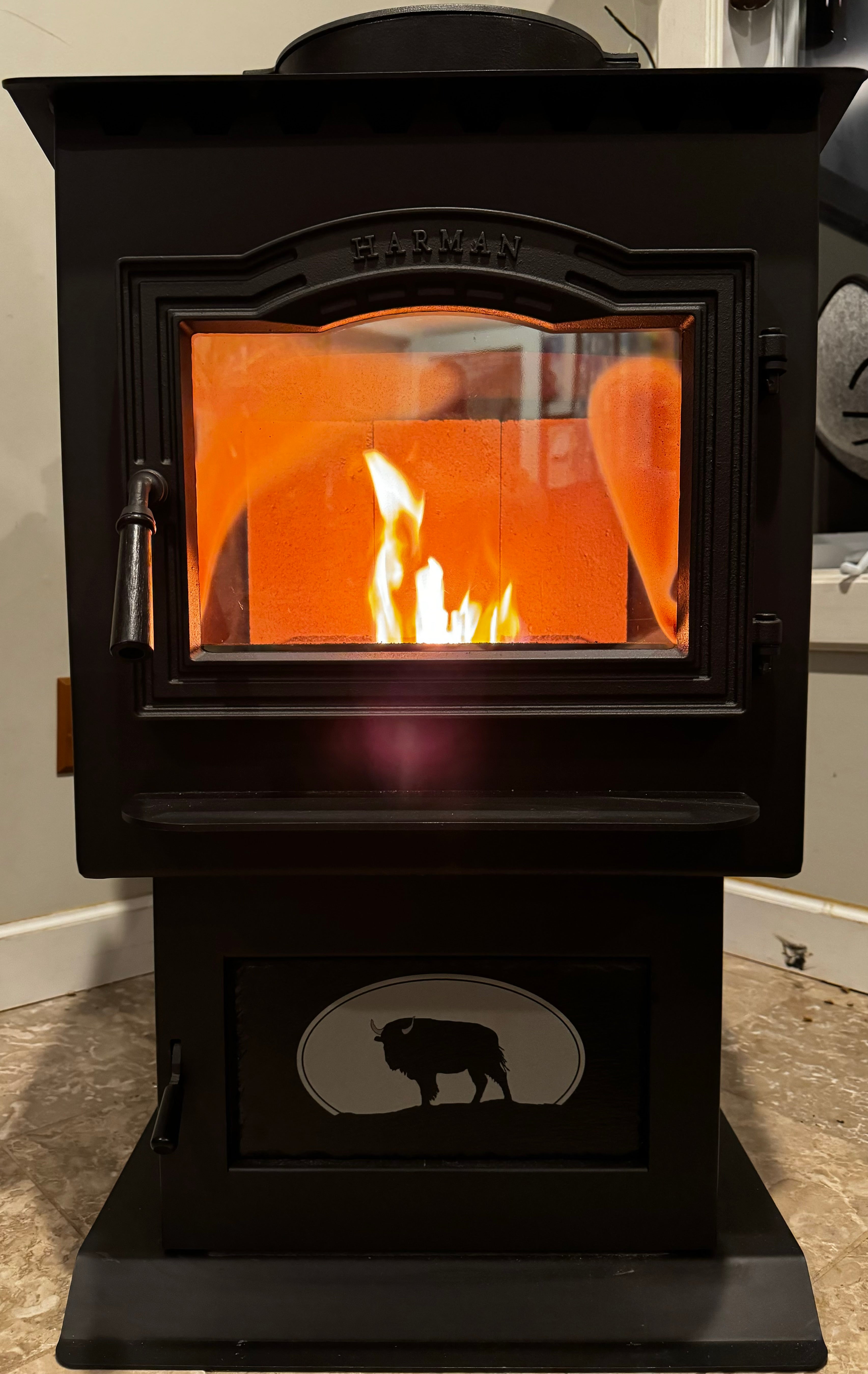 Bison at The Wall, S.D. - Magnetic Pellet Stove Decorative Ash Door Insert for Harman P Series - Standard Collection - Available in Slate, Aluminum, or Stainless Steel