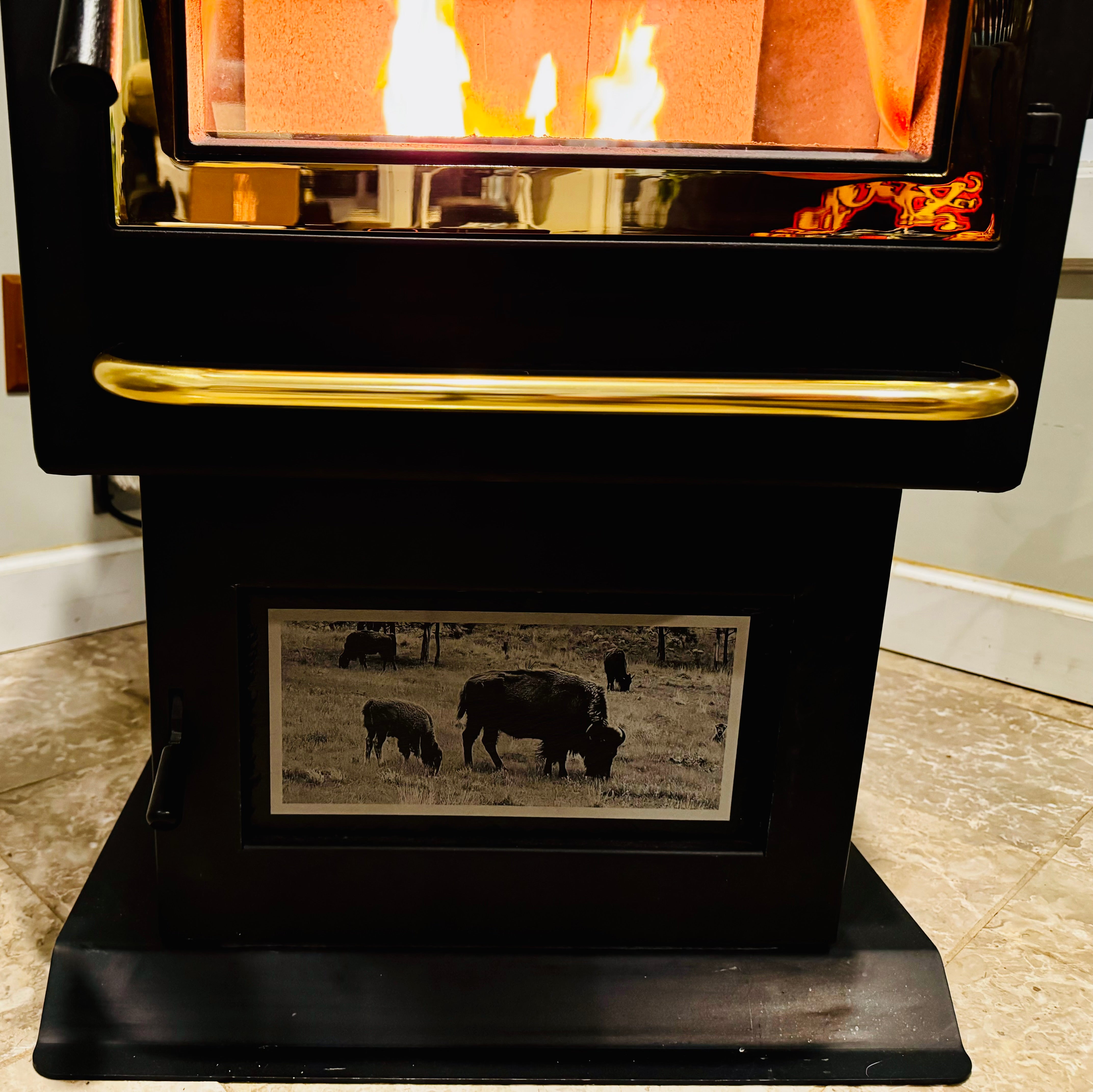 Bison and Baby in Yellowstone - Magnetic Mount Pellet Stove Decorative Slate Insert for Harman P Series - Limited to 100