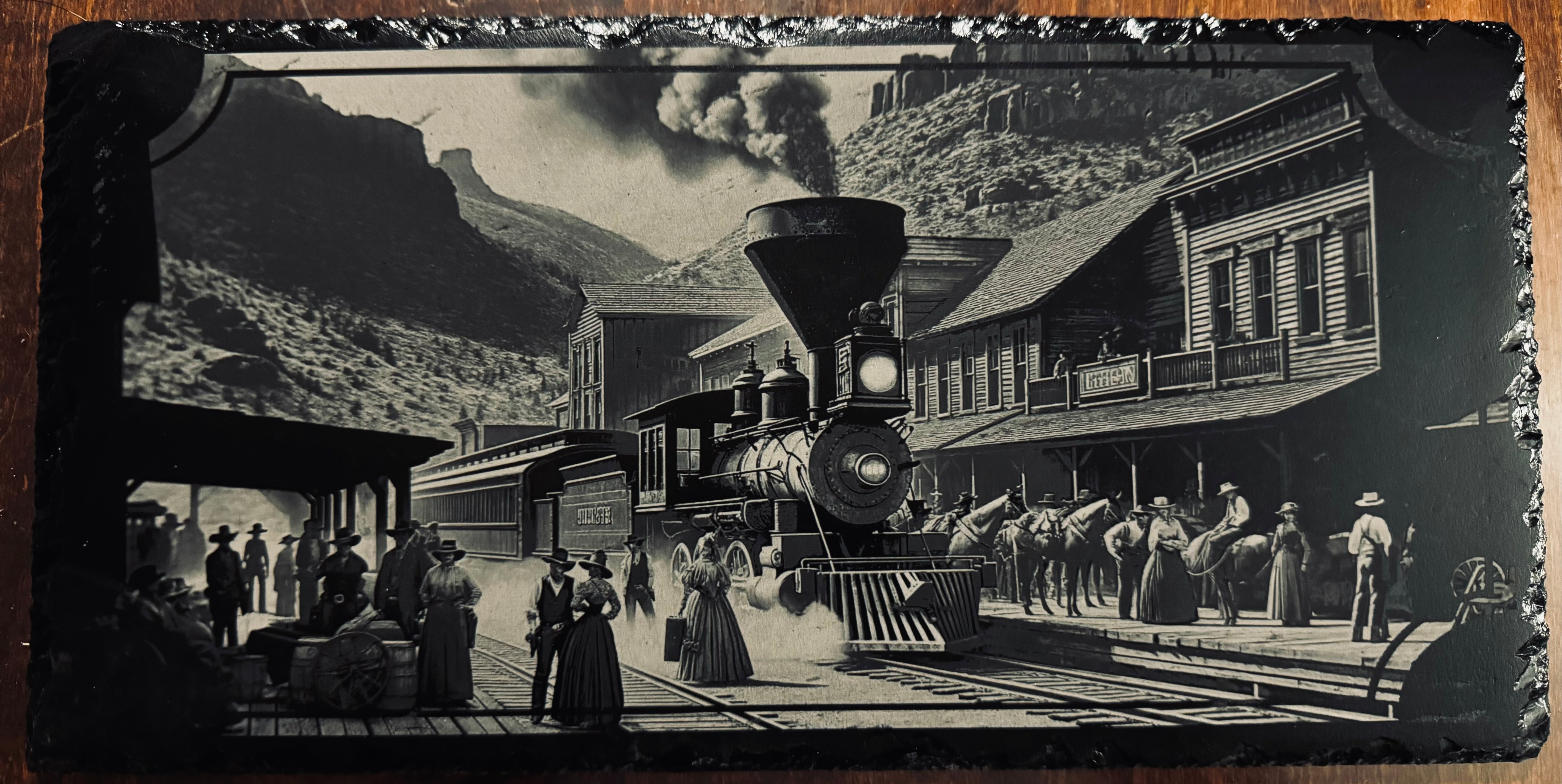 Old West Train Station - Magnetic Pellet Stove Decorative Slate Insert for Harman P Series - Standard Stove Slate