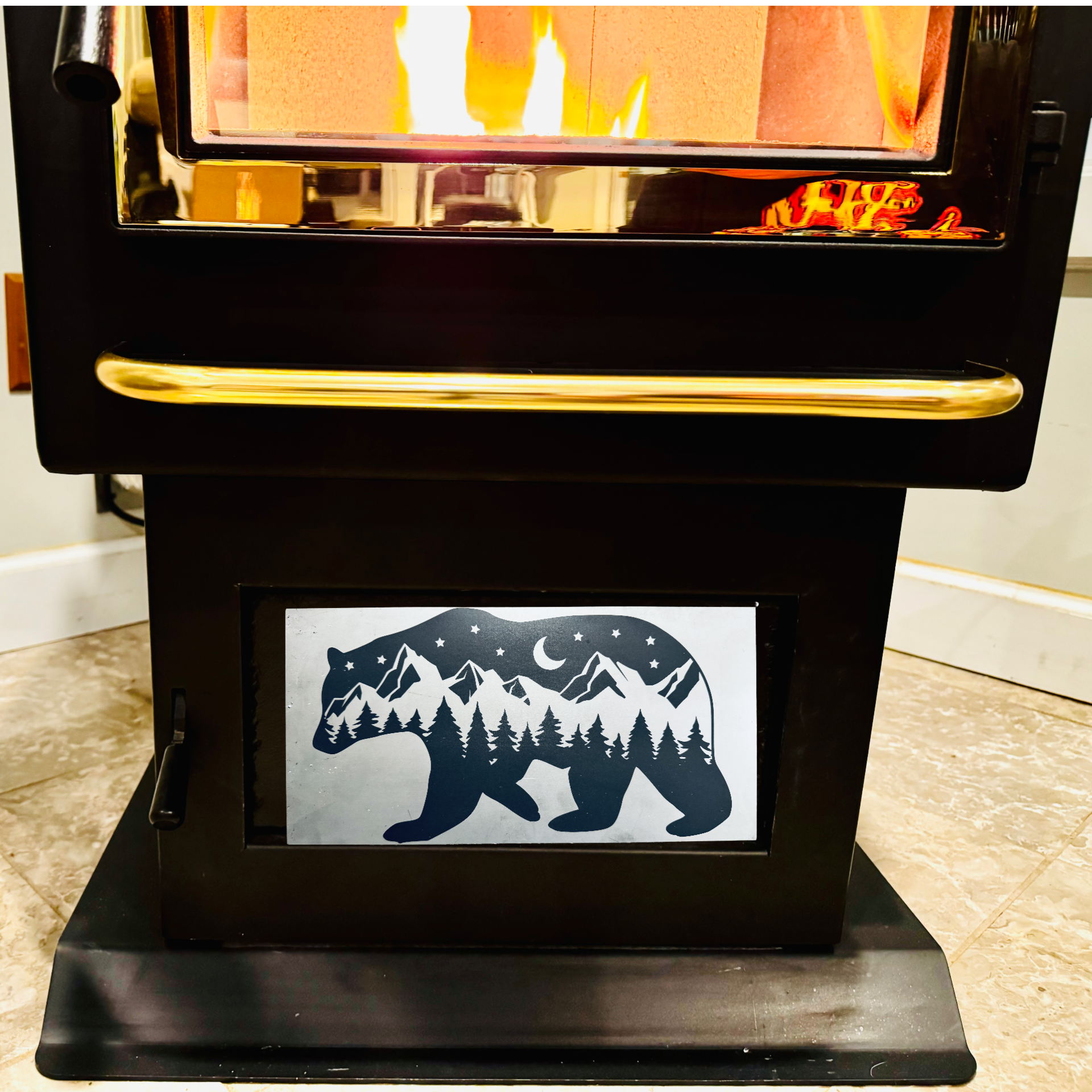 Mountain Bear Silhouette - Magnetic Pellet Stove Decorative Ash Door Insert for Harman P Series - Standard Collection - Available in Slate, Aluminum, or Stainless Steel