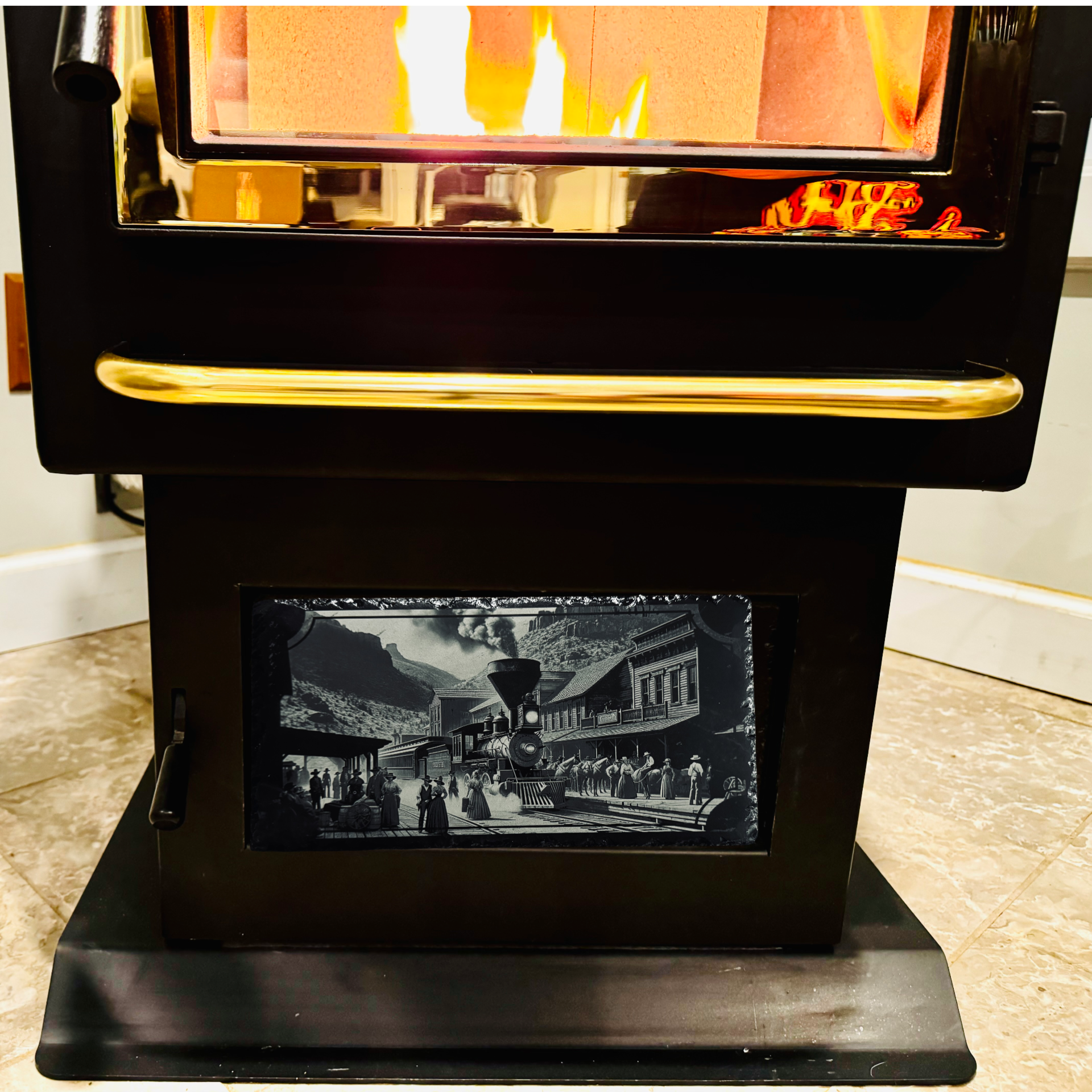 Old West Train Station - Magnetic Pellet Stove Decorative Slate Insert for Harman P Series - Standard Stove Slate