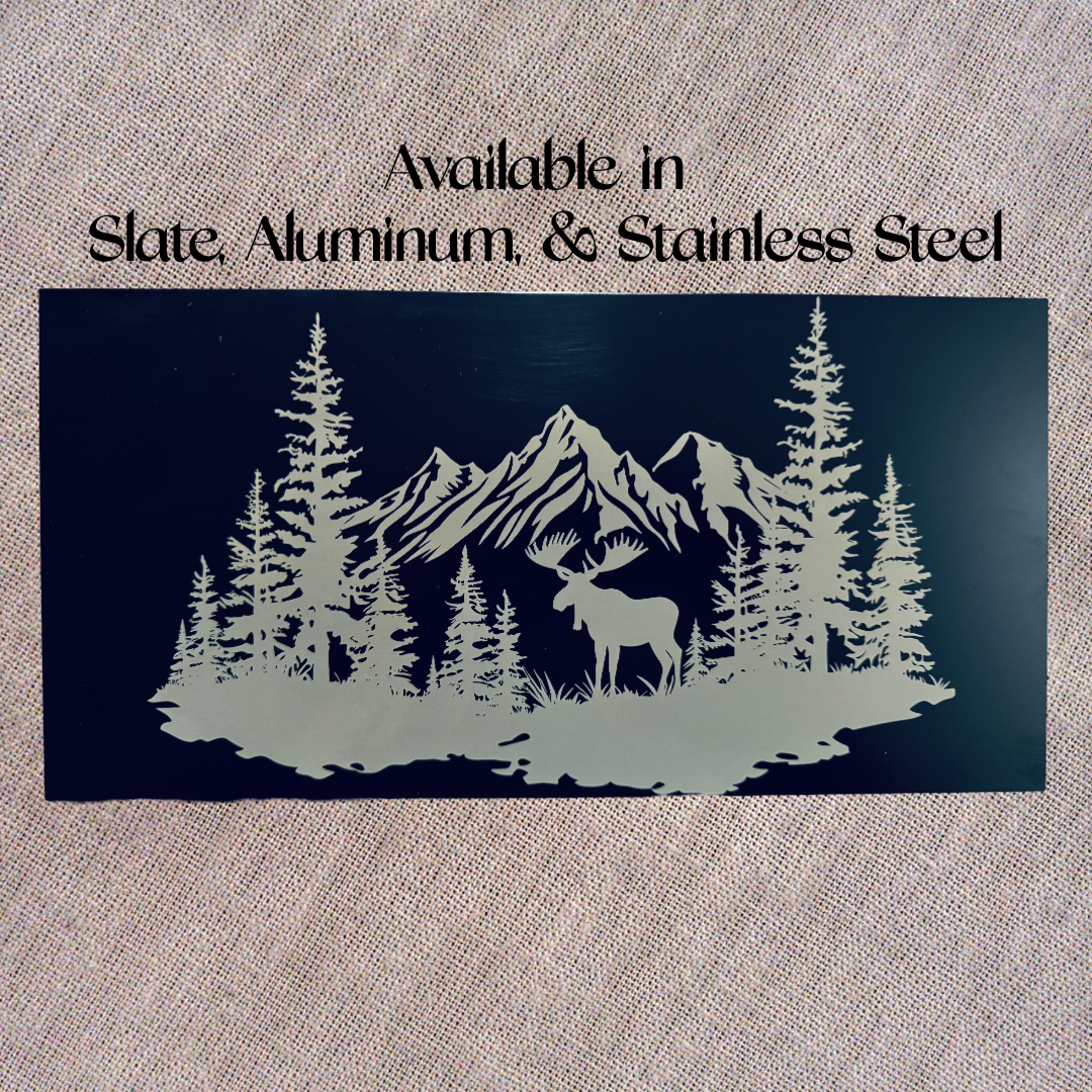 Moose in the Mountains - Magnetic Pellet Stove Decorative Ash Door Insert for Harman P Series - Standard Collection - Available in Slate, Aluminum, or Stainless Steel