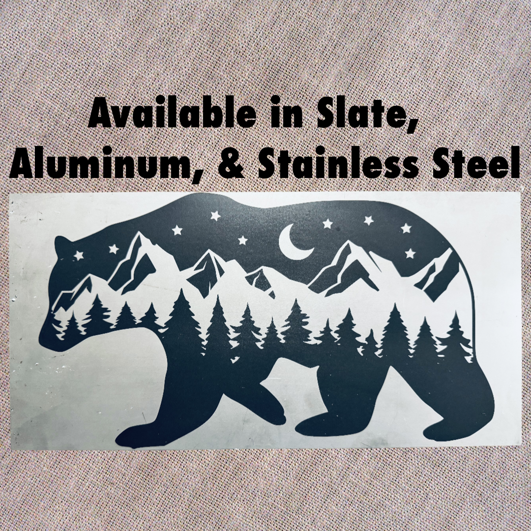 Mountain Bear Silhouette - Magnetic Pellet Stove Decorative Ash Door Insert for Harman P Series - Standard Collection - Available in Slate, Aluminum, or Stainless Steel